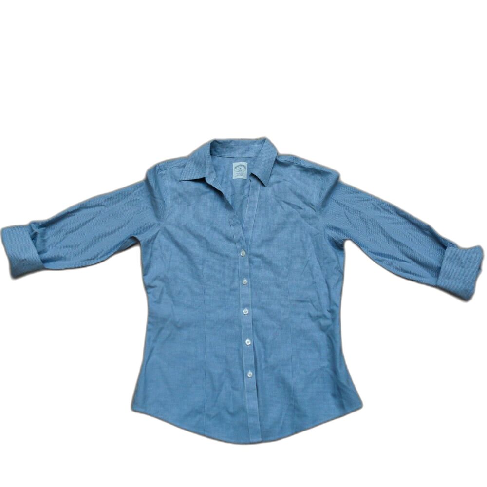 Brooks Brothers 346 Women Petite Fitted Shirt Blue Check Non Iron Cotton 2P